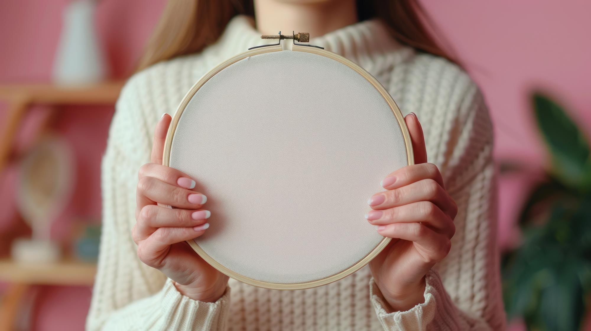 Artist holding embroidered hoop in warm studio